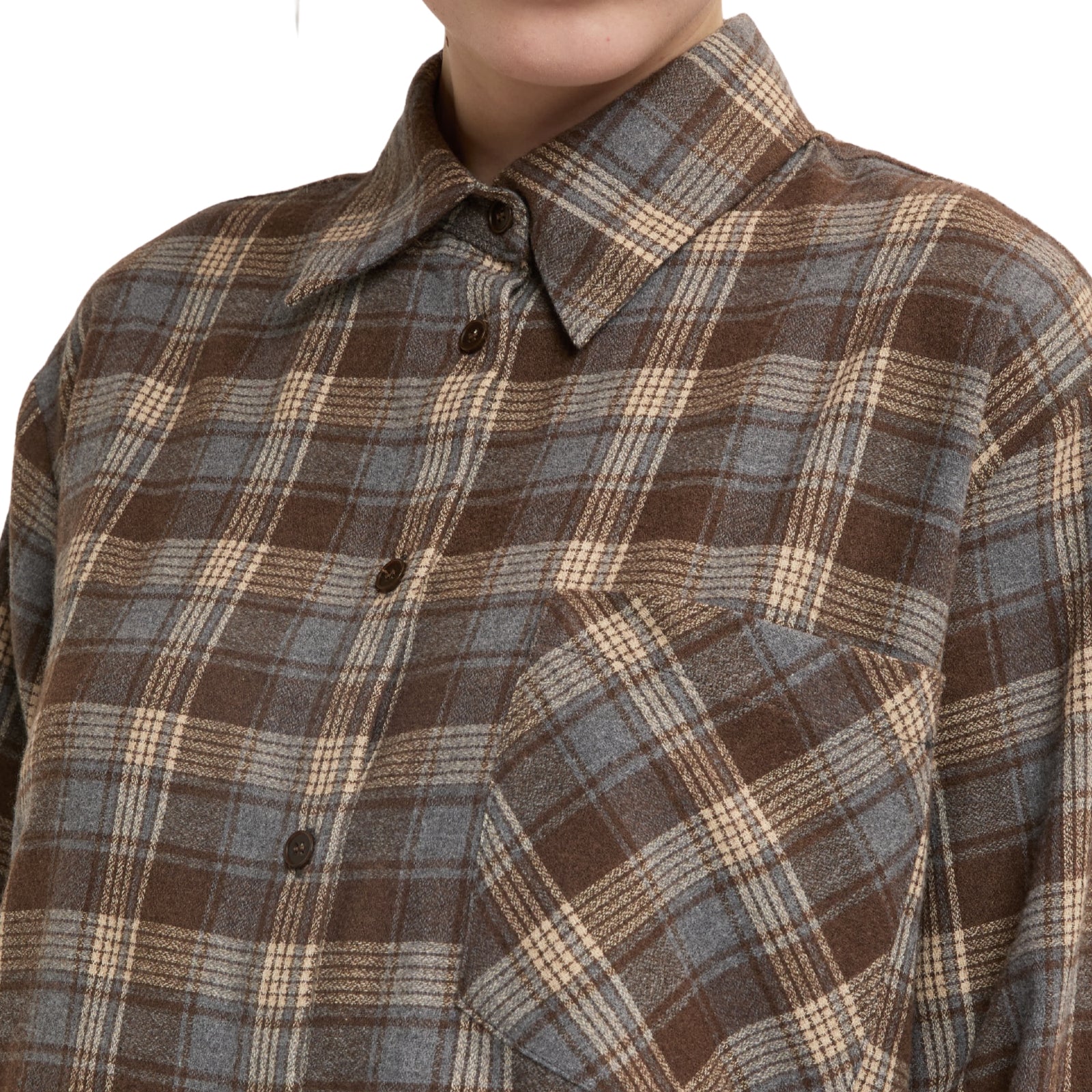 Camicia oversize a quadri marrone e grigio con taschino