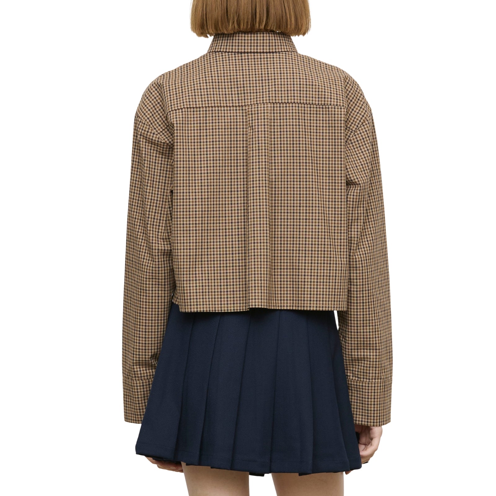 Camicia corta crop a micro-quadri marrone e beige