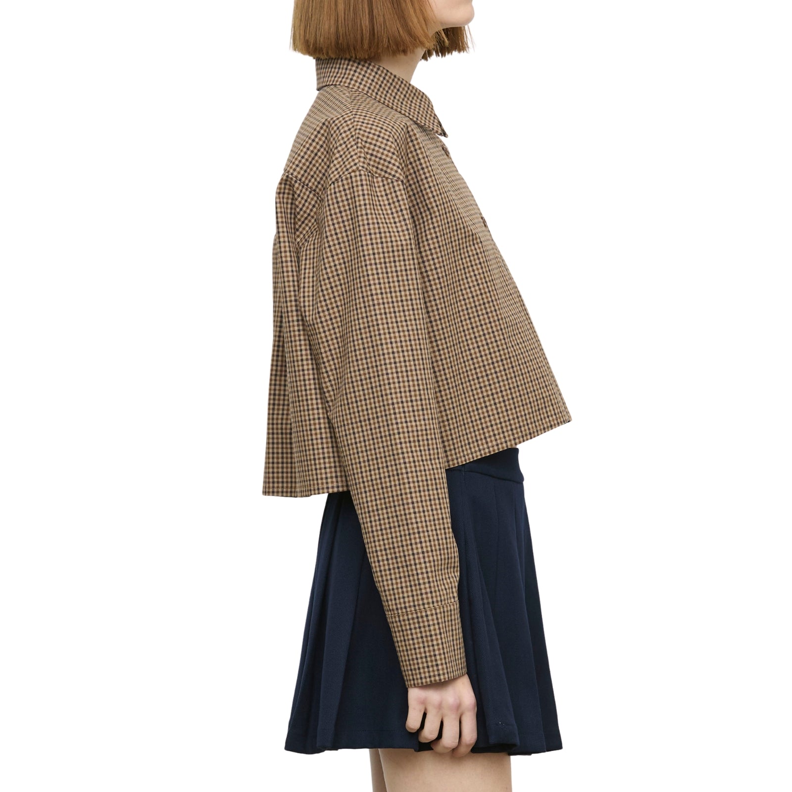Camicia corta crop a micro-quadri marrone e beige