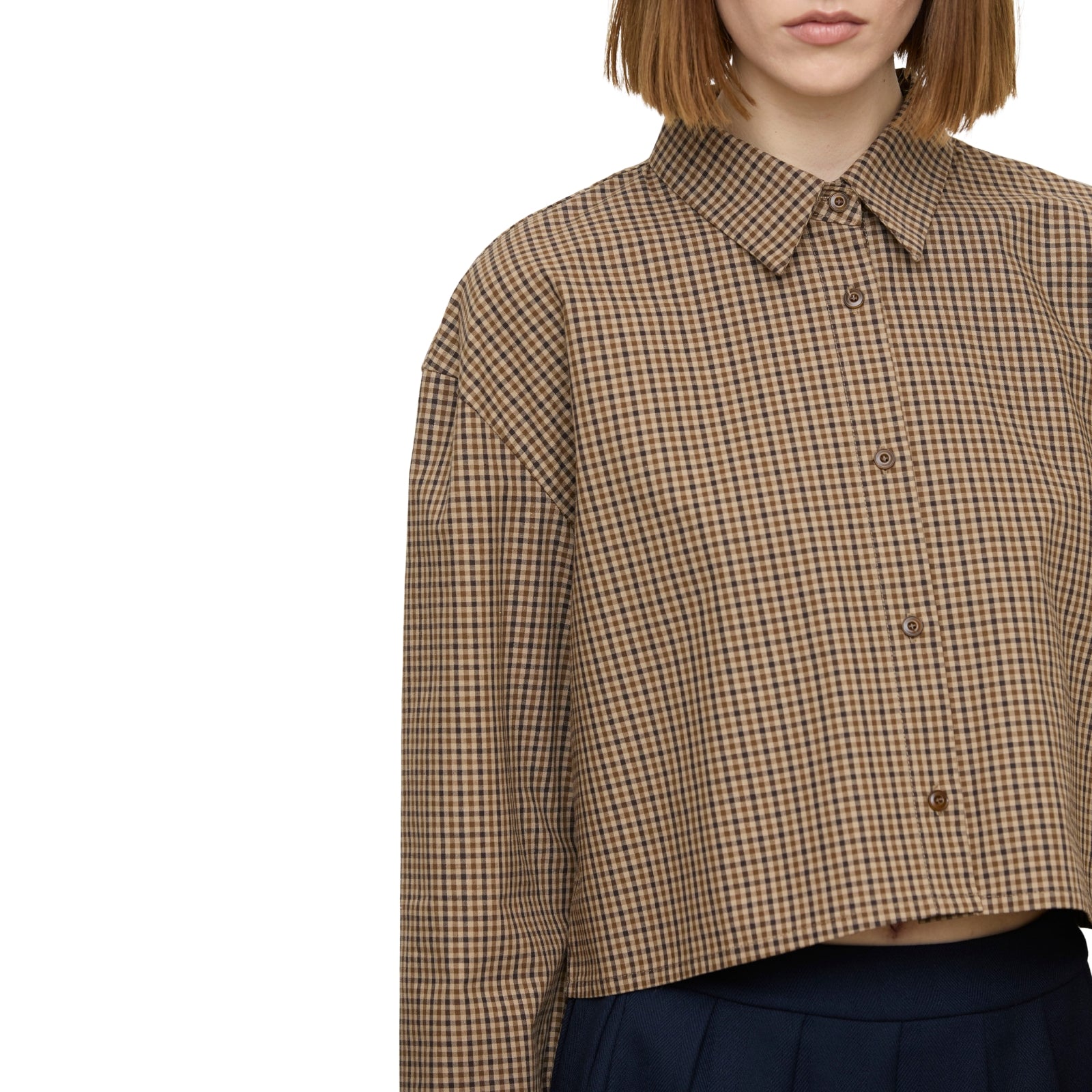 Camicia corta crop a micro-quadri marrone e beige