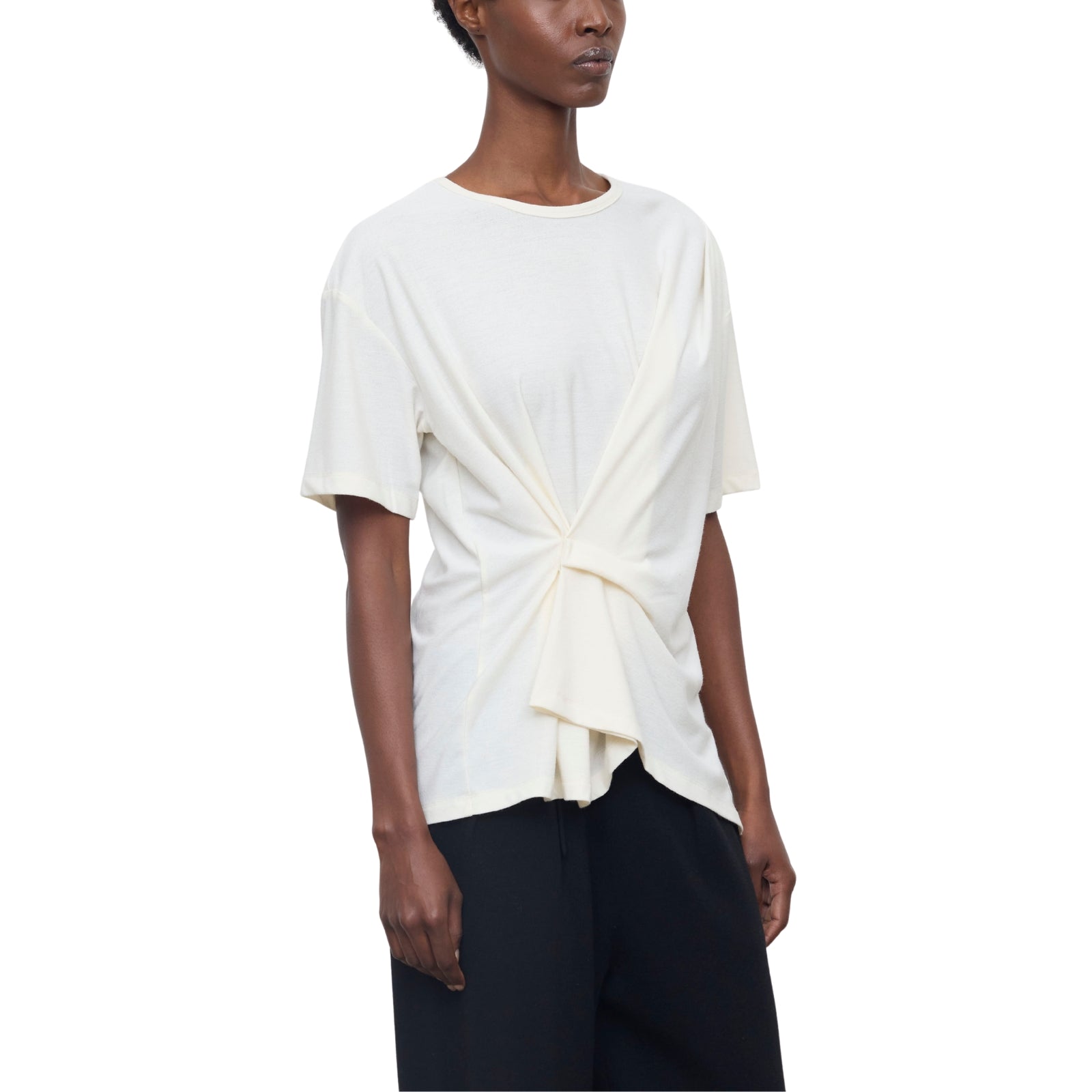 T-shirt Asimmetrica in Jersey Crema con Nodo Drappeggiato