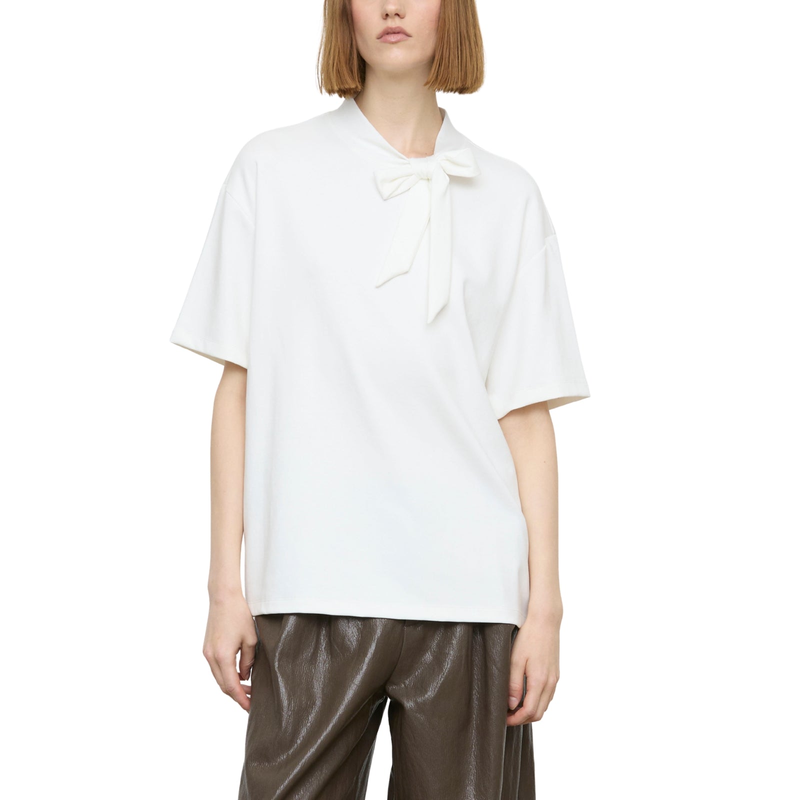 T-shirt Boxy Oversize Bianco Ottico con Fiocco al Collo