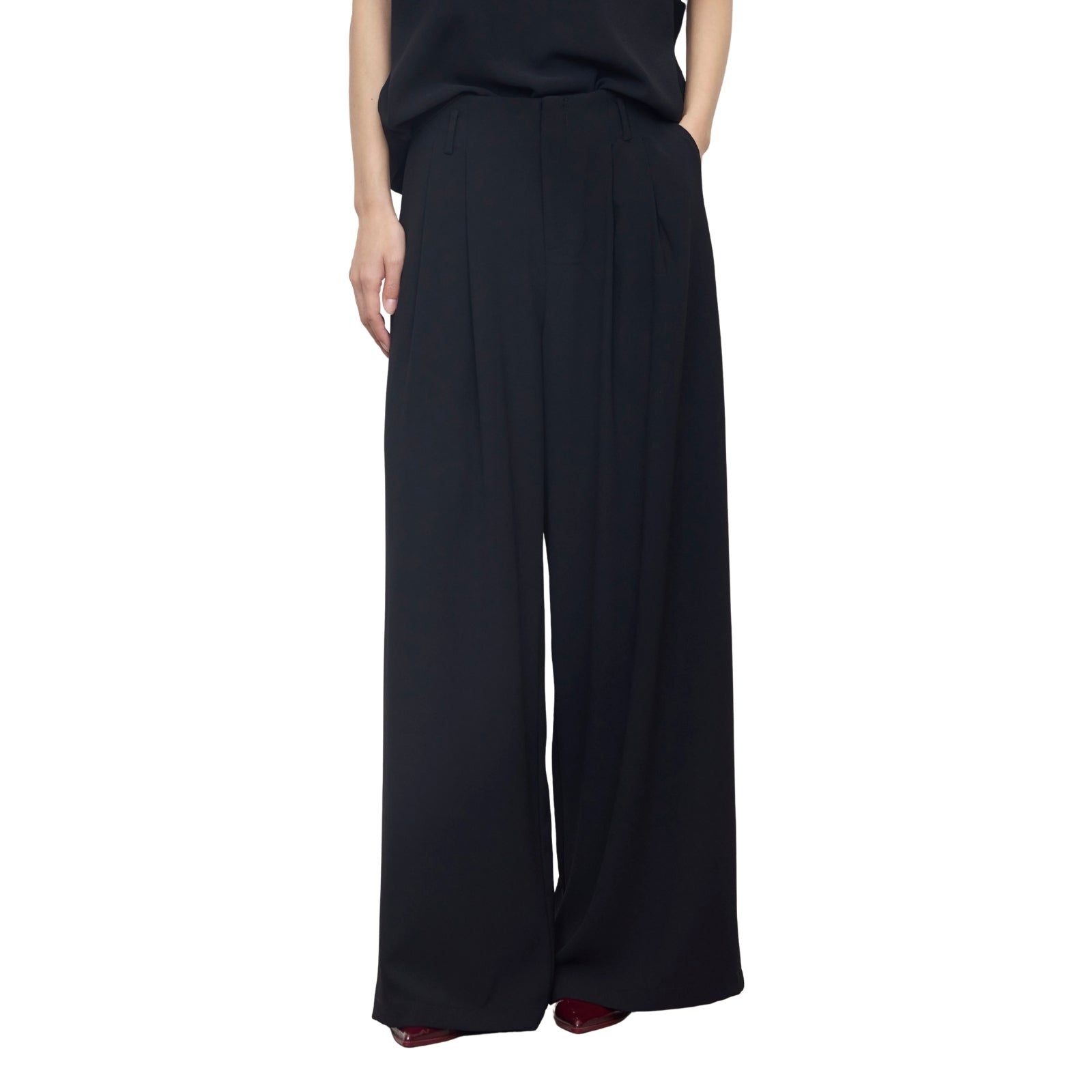 Pantaloni Palazzo Neri a Vita Alta con Doppie Pinces