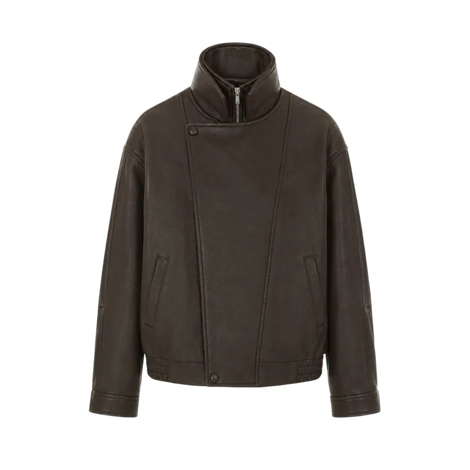 Giubbotto bomber oversize in ecopelle nera con collo asimmetrico