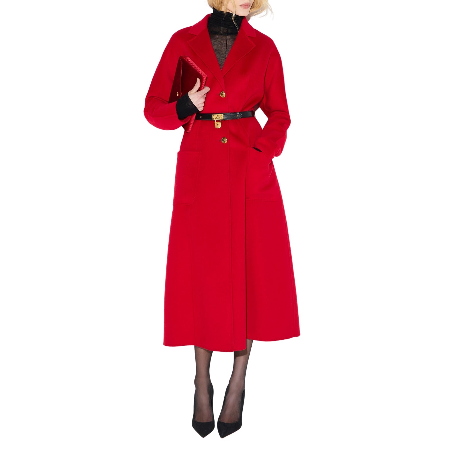 Cappotto in panno double con cintura - ROSSO
