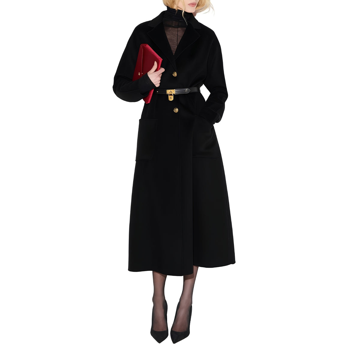 Cappotto in panno double con cintura - NERO
