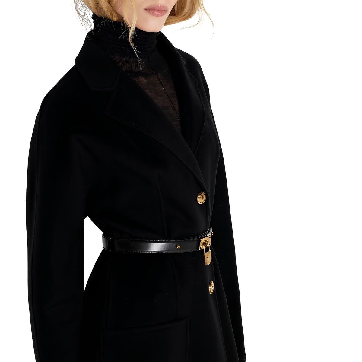 Cappotto in panno double con cintura - NERO