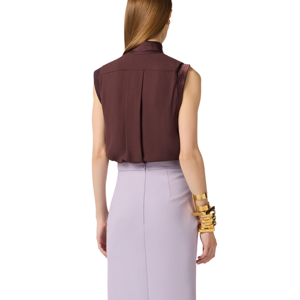 Top in georgette smanicato con dettagli in raso - Cacao