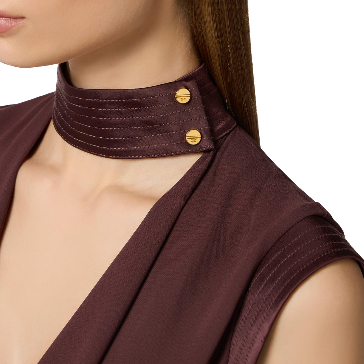 Top in georgette smanicato con dettagli in raso - Cacao