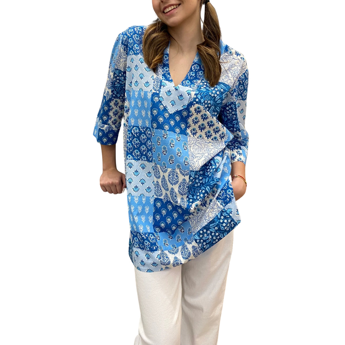 Tunica in cotone con collo doppiato - Blu