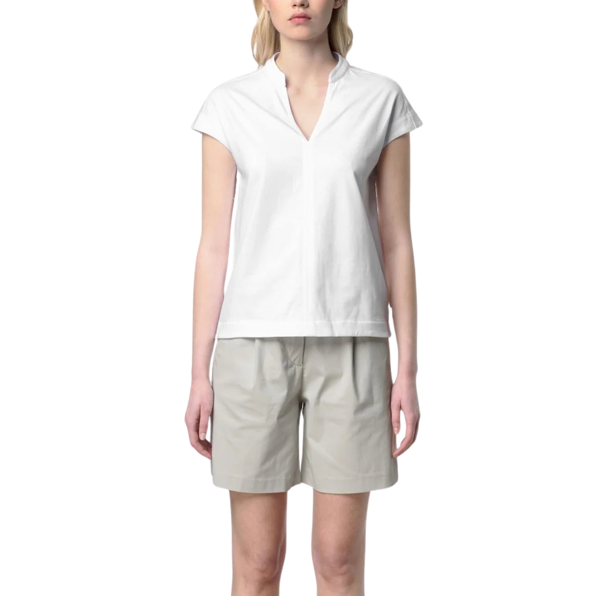 T-shirt Isele scollo a V colletto coreana - Bianco