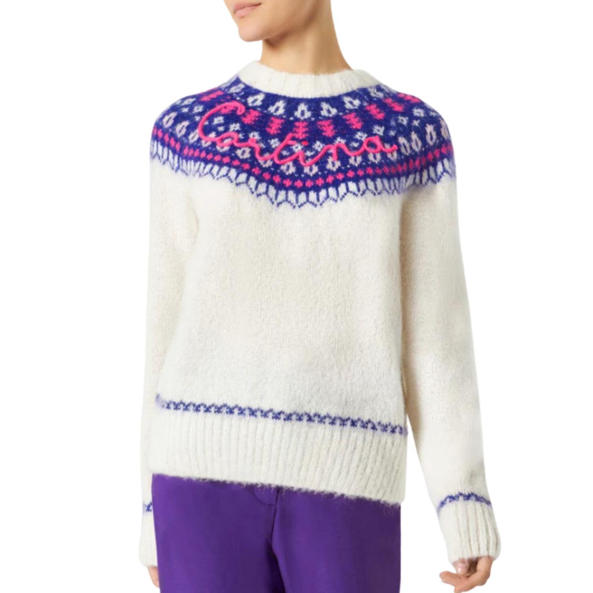 Maglia girocollo jacquard nordico in misto cashmere - Panna