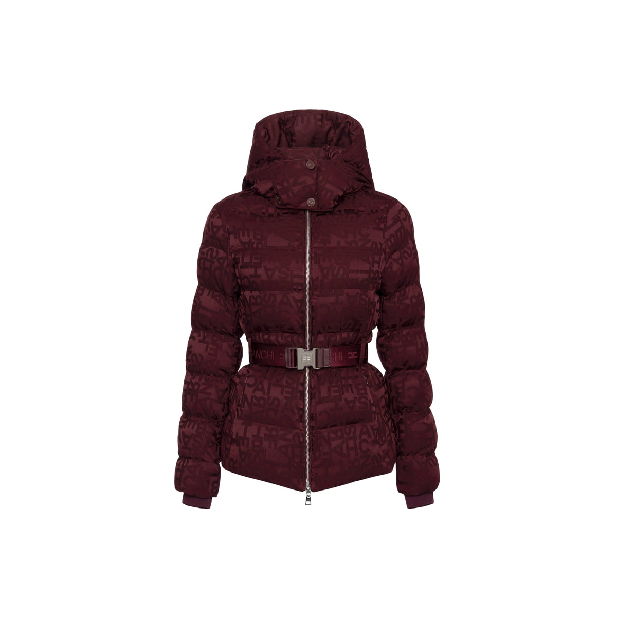 Piumino corto in nylon jacquard con cintura - Rouge Noir