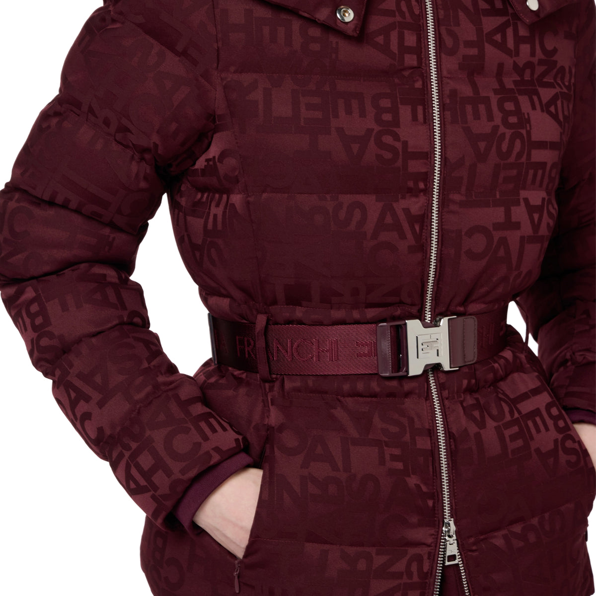Piumino corto in nylon jacquard con cintura - Rouge Noir