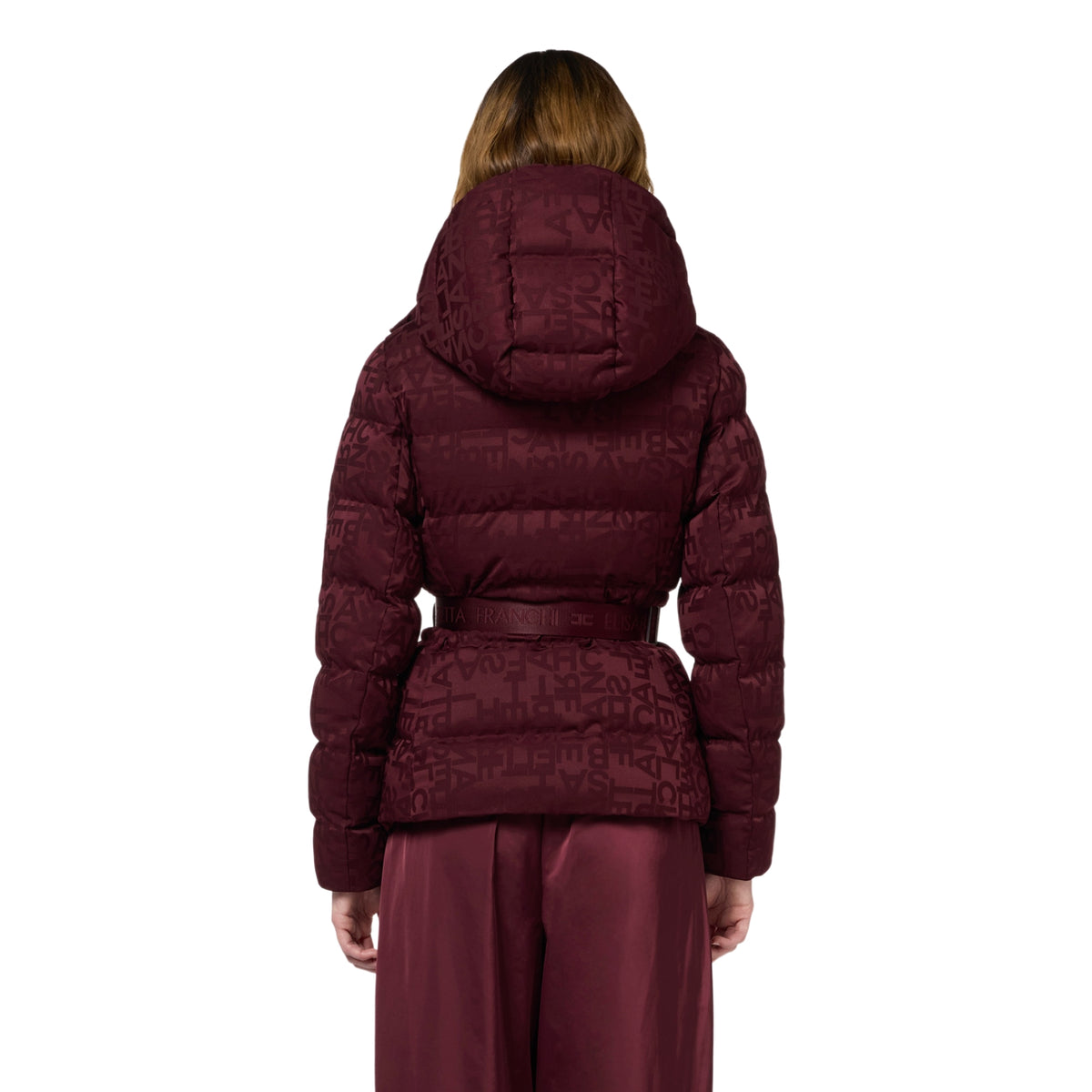 Piumino corto in nylon jacquard con cintura - Rouge Noir