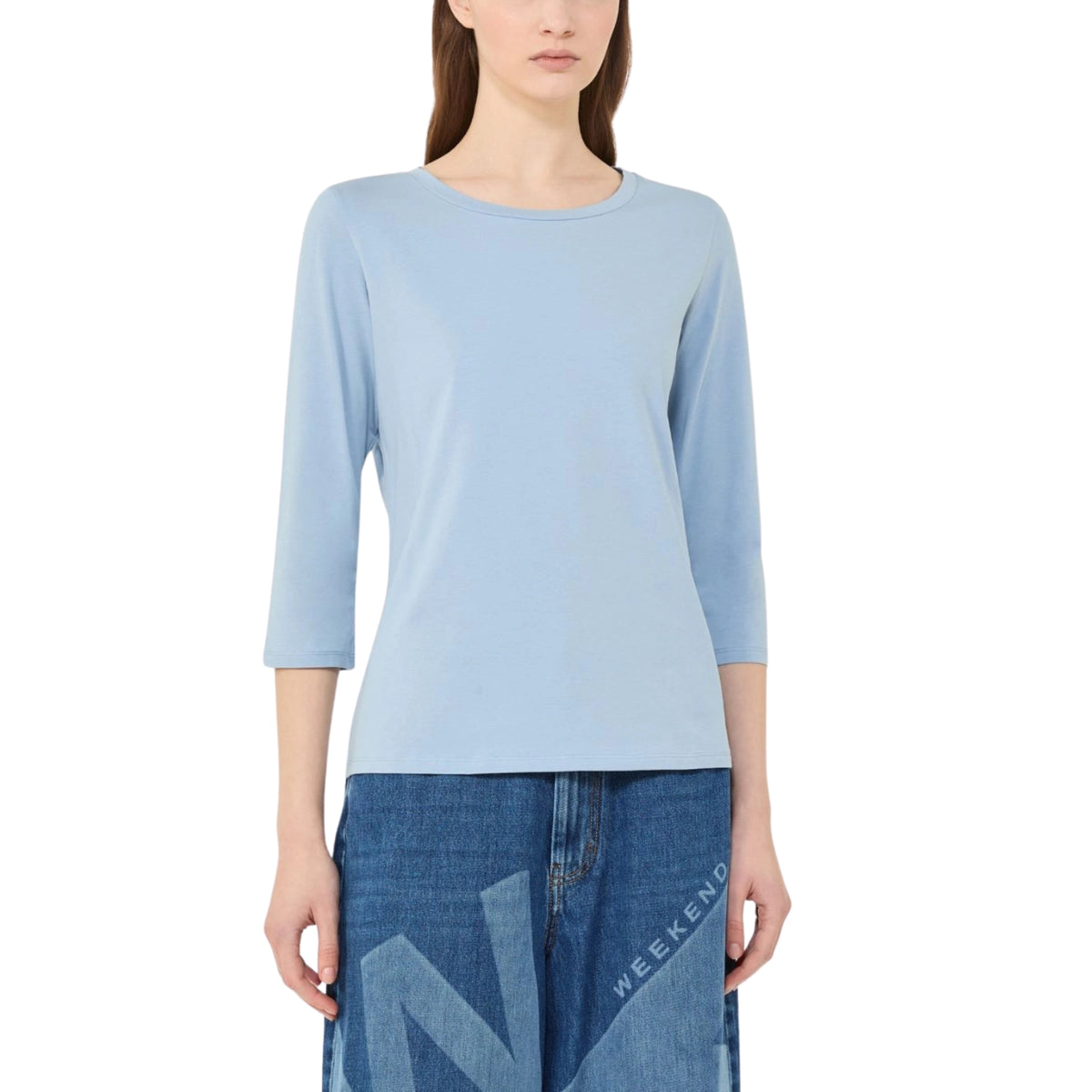T-shirt basic in jersey di cotone stretch - Celeste