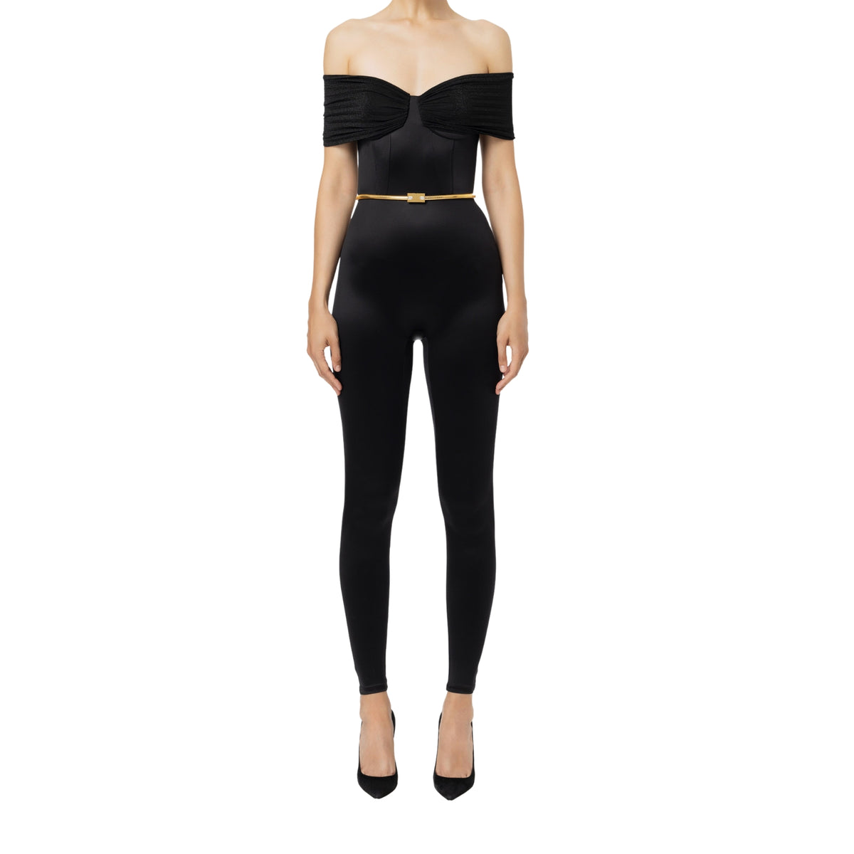 Tuta bustier in lycra lucida con cintura metallica - Nero