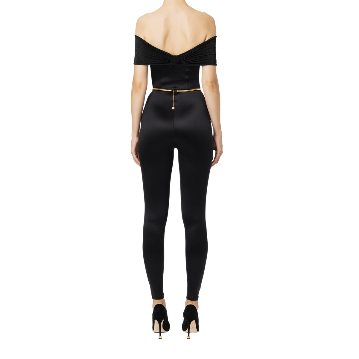 Tuta bustier in lycra lucida con cintura metallica - Nero