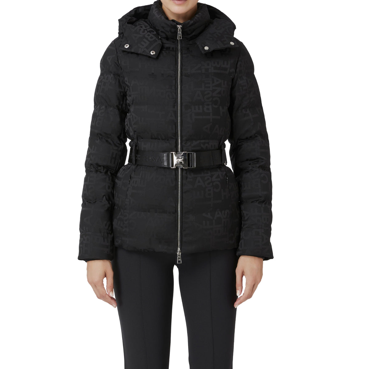 Piumino corto in nylon jacquard con cintura - Nero