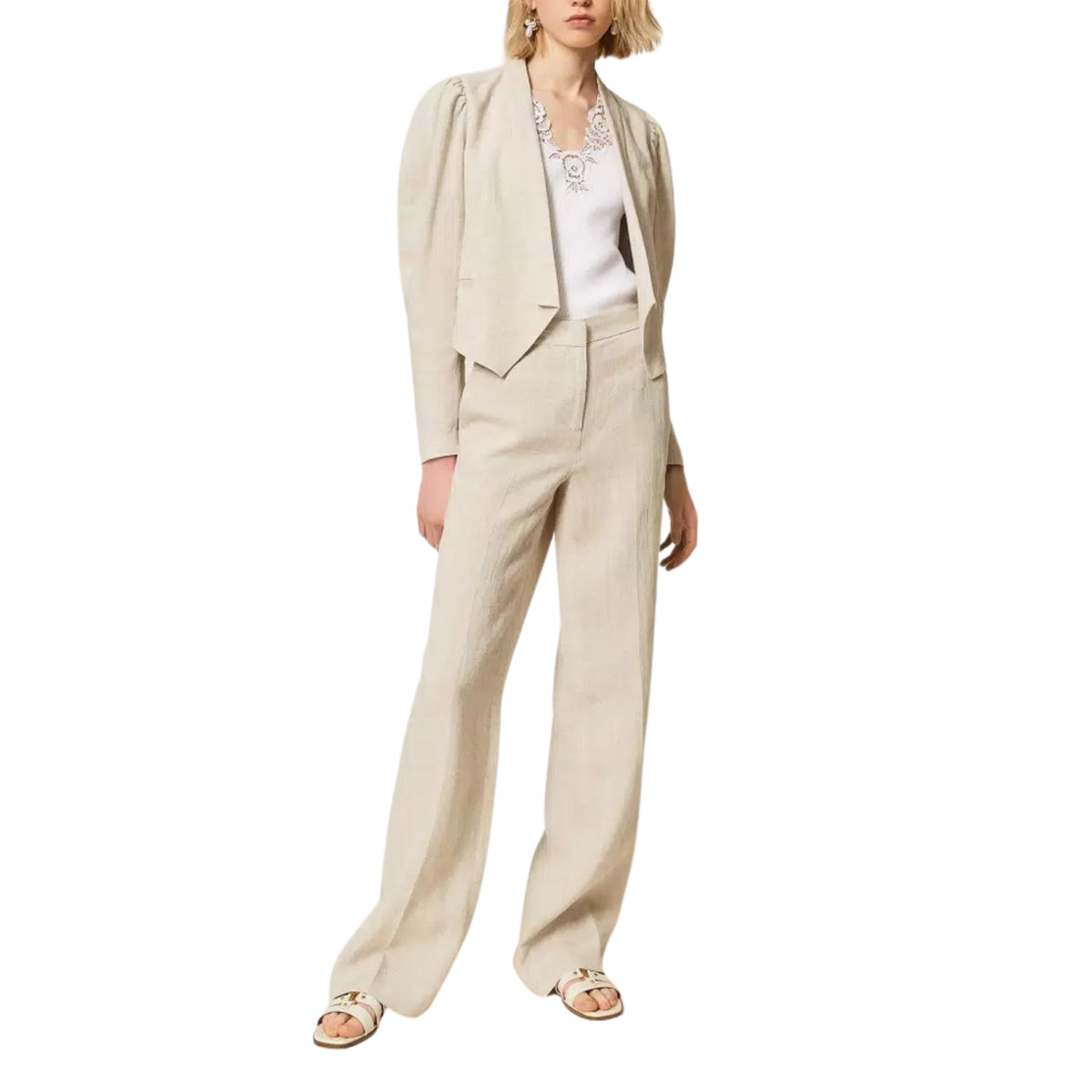 Pantaloni in lino naturale con lurex - Avorio