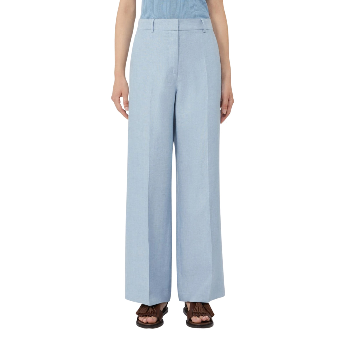 Pantalone wide leg in puro lino - Celeste