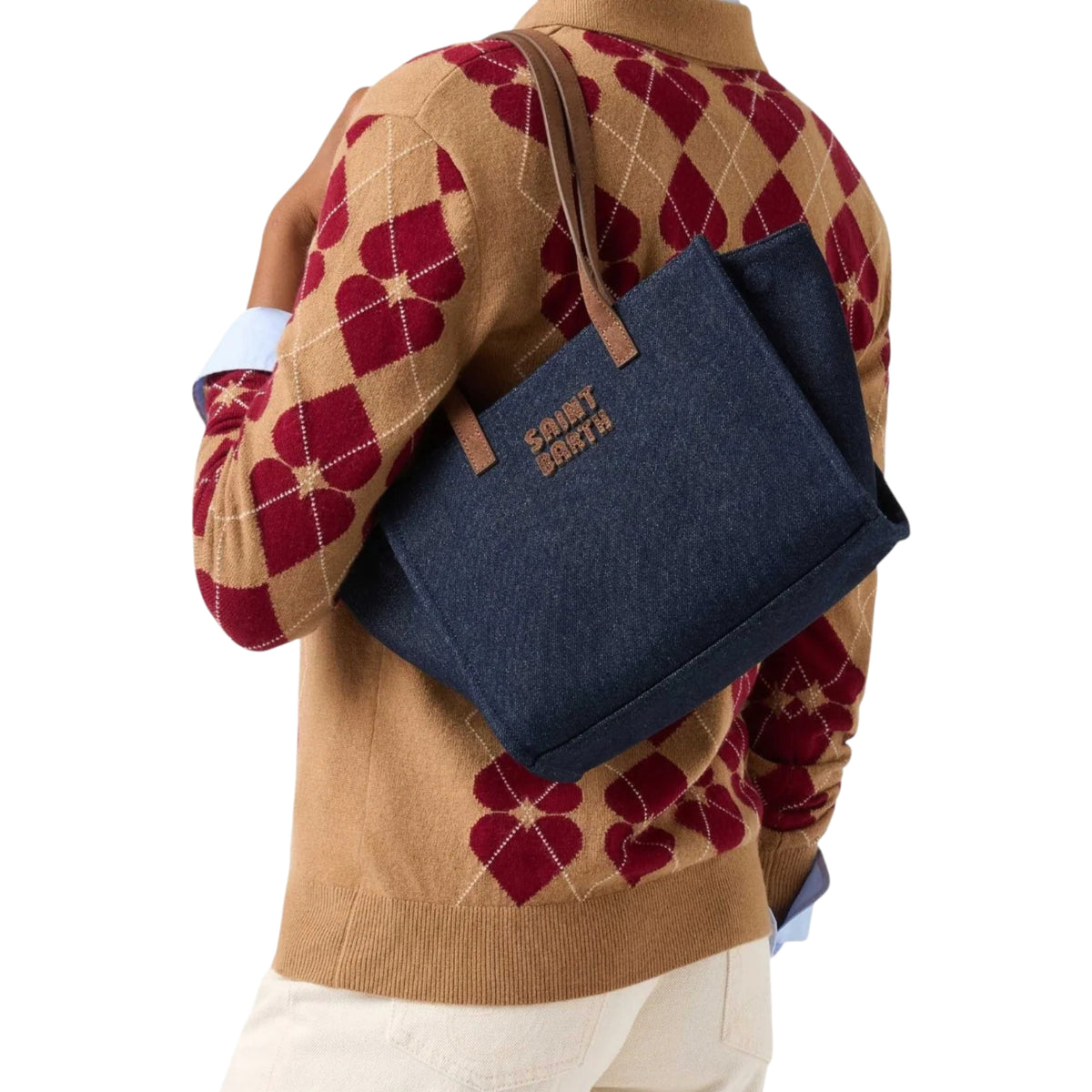 Borsa Midi Jour in denim con manici in camoscio