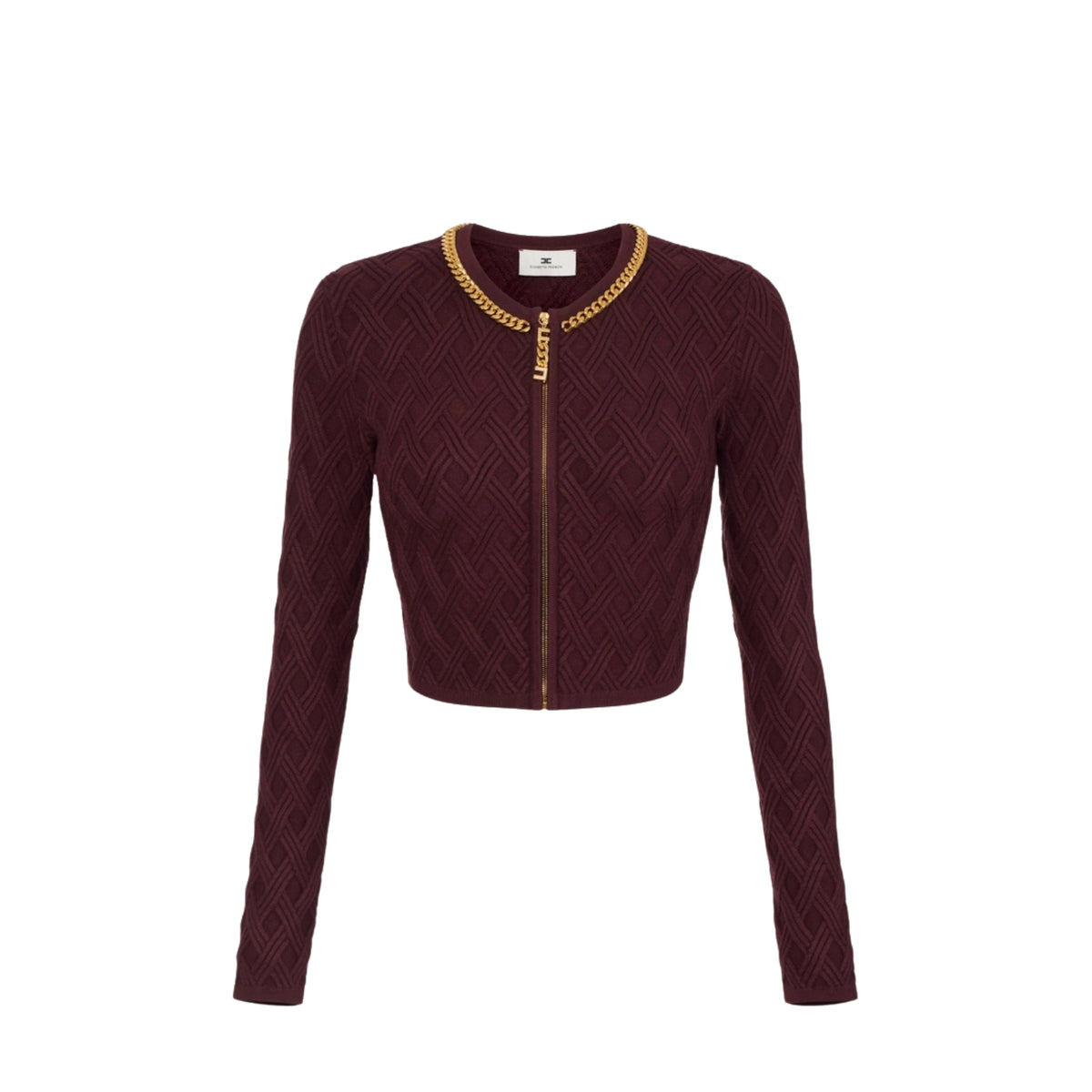 Cardigan corto con lavorazione rombi e catena al collo - Merlot