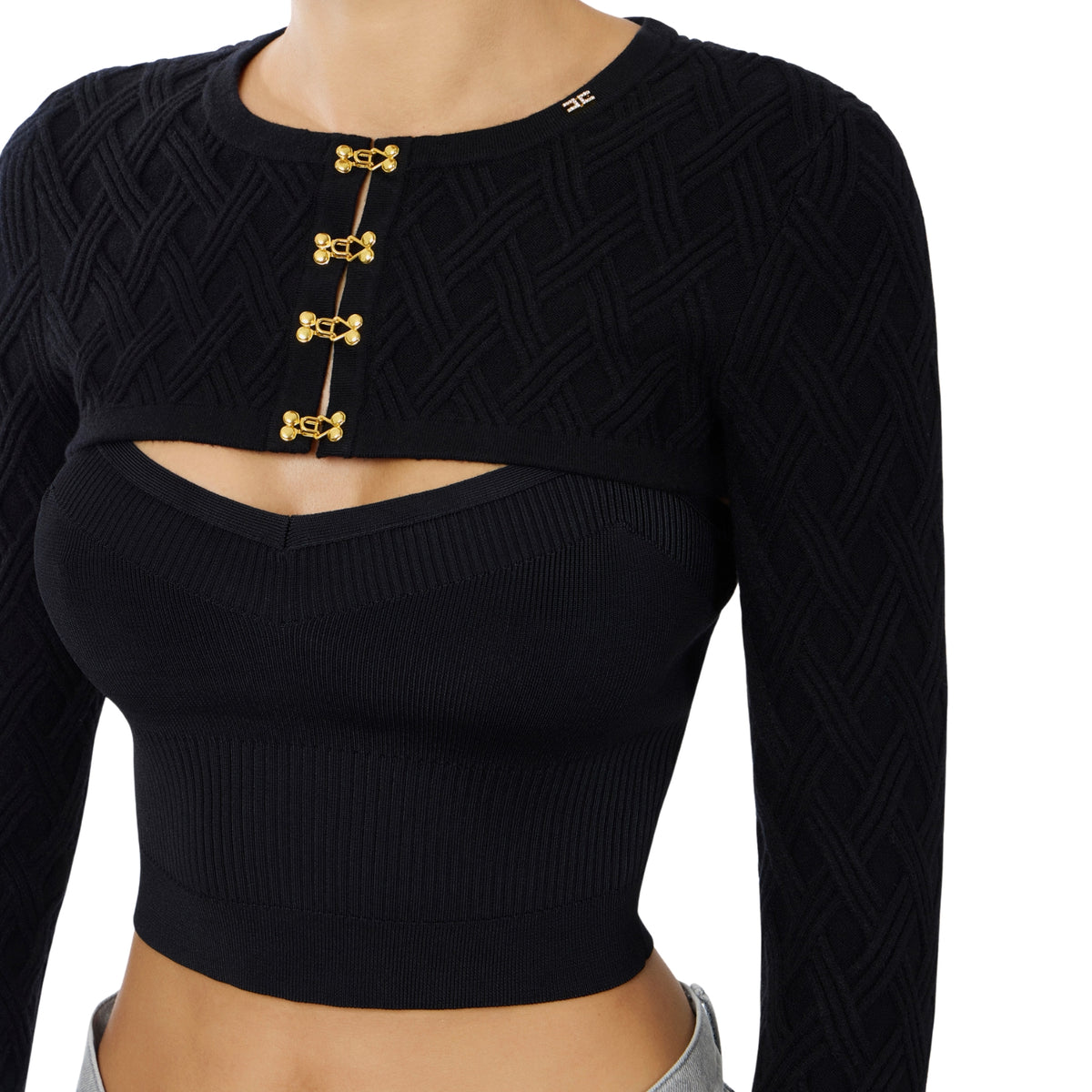Cardigan crop con chiusura gioiello - Nero
