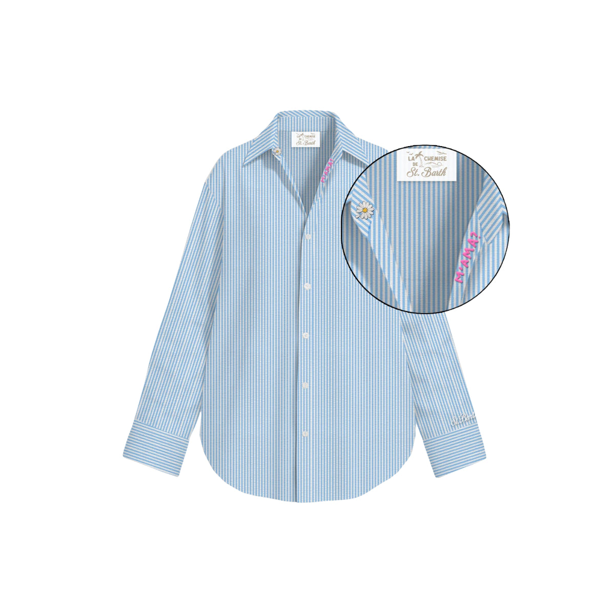 Camicia Cristal a righe con scritta ricamata - Celeste