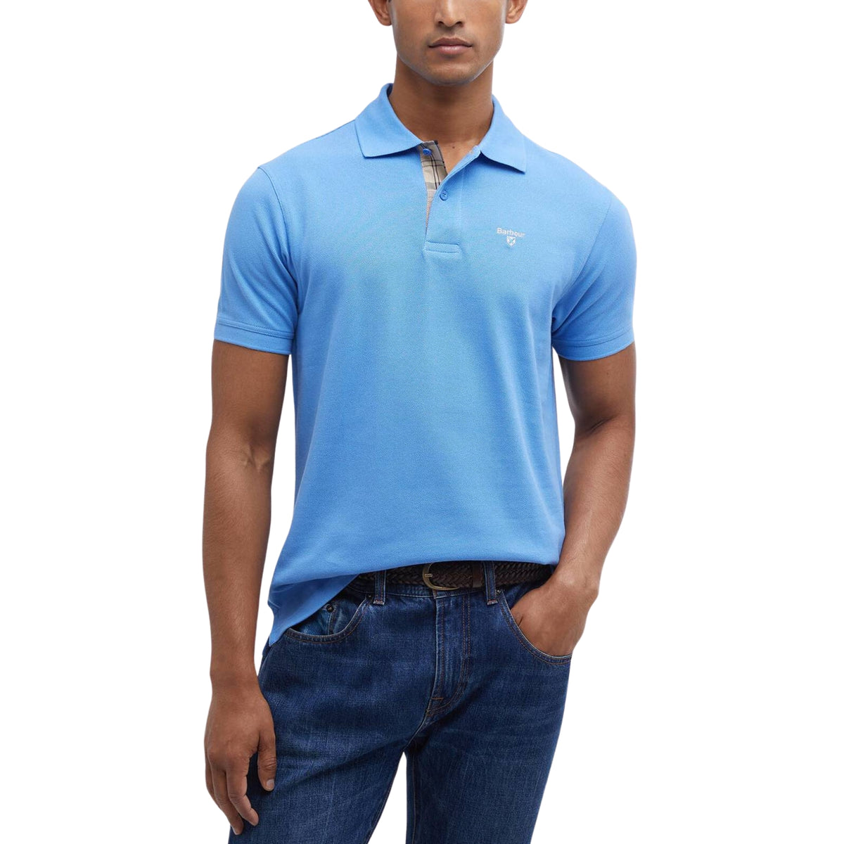 Polo Barbour con finiture tartan - Celeste