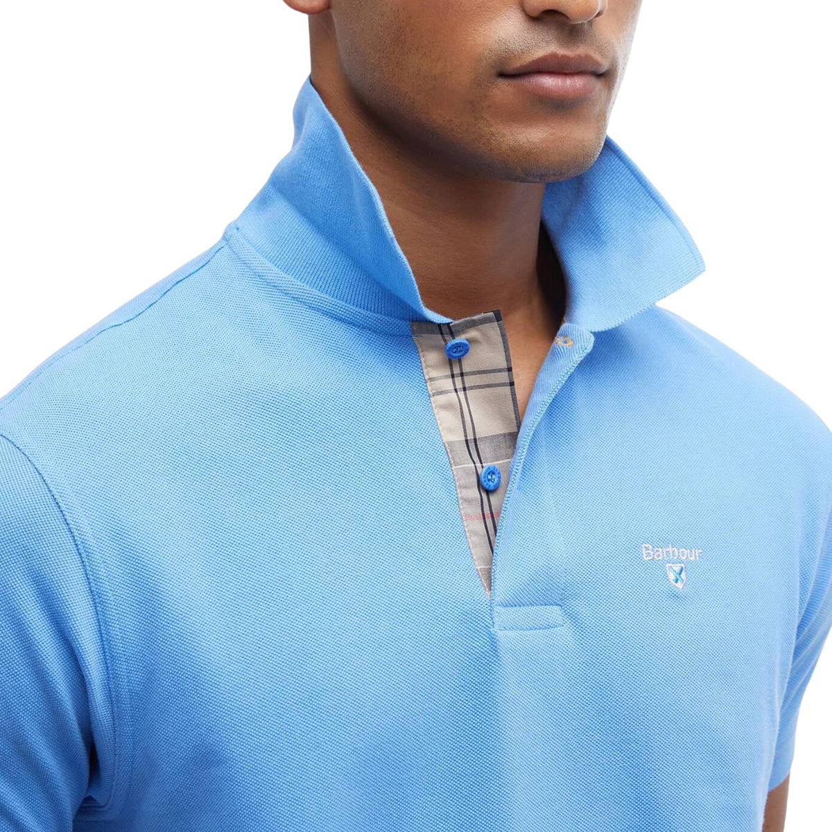 Polo Barbour con finiture tartan - Celeste