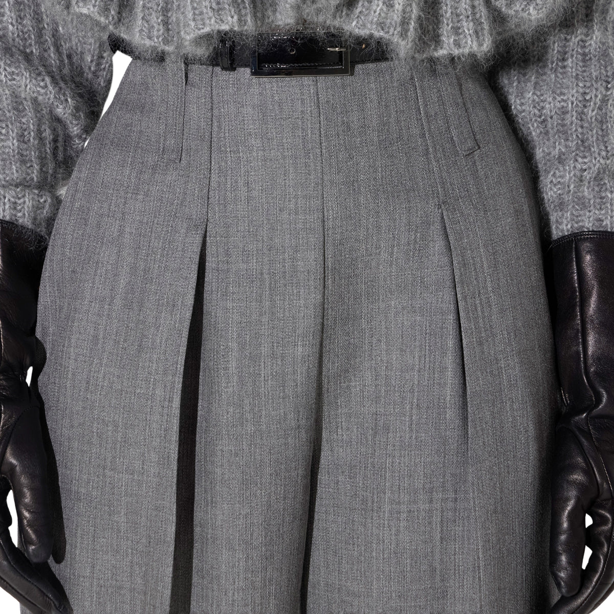 Pantalone in lana a vita alta con cintura - Grigio