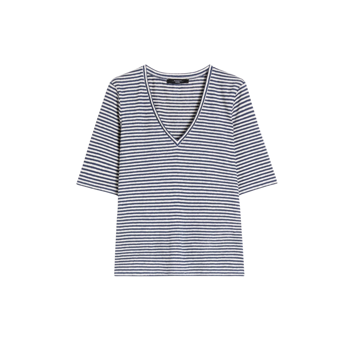 T-shirt scollo a V in lino con logo farfalla - Blu