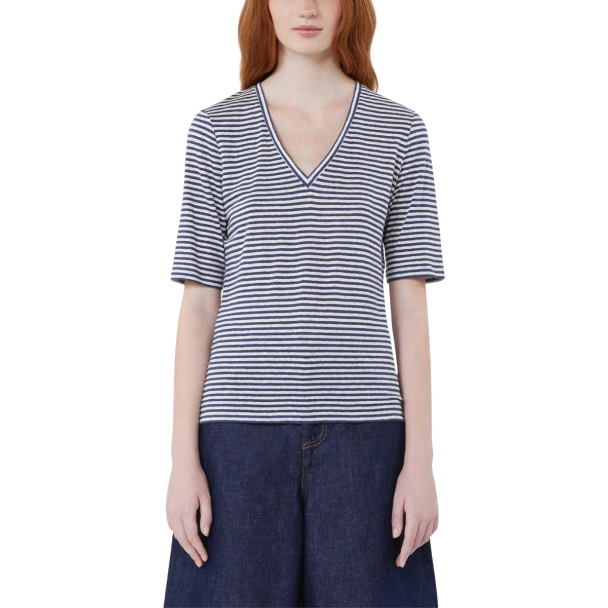 T-shirt scollo a V in lino con logo farfalla - Blu