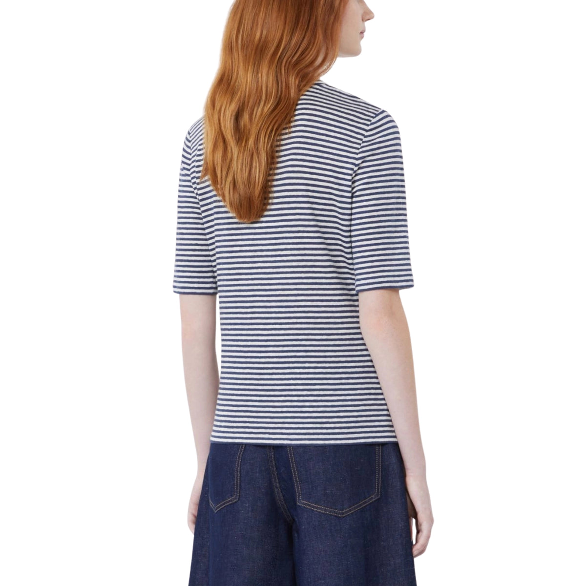 T-shirt scollo a V in lino con logo farfalla - Blu