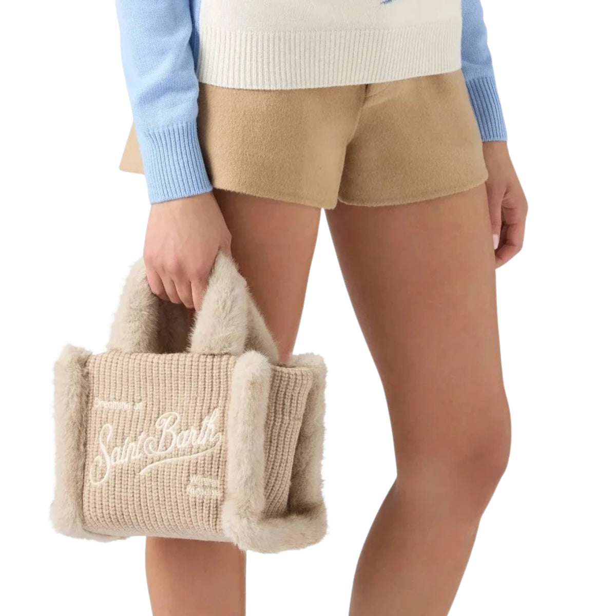 Borsa Mini Vanity effetto montone a costine con manici effetto pelliccia