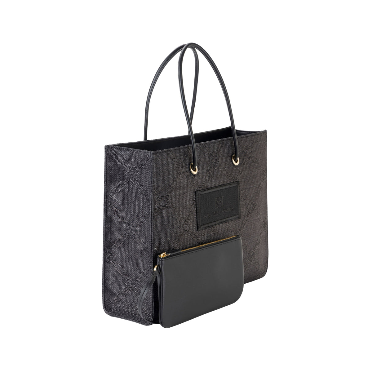 Borsa tote grande in rafia jacquard a losanghe - Nero