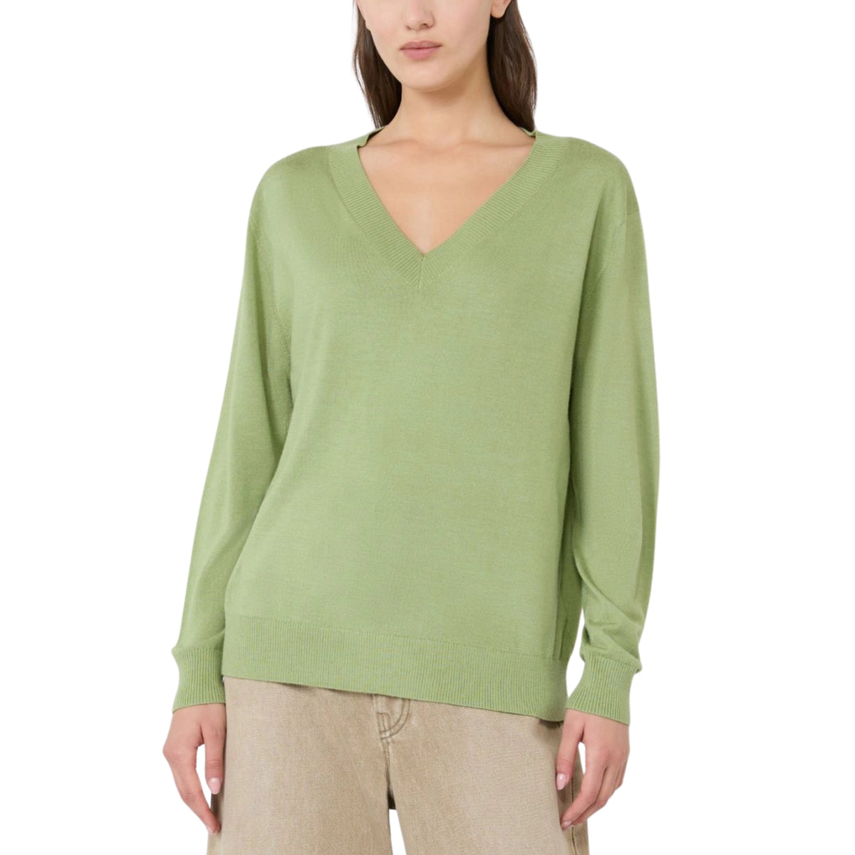 Maglia scollo a V in lana seta e cachemire - Pistacchio