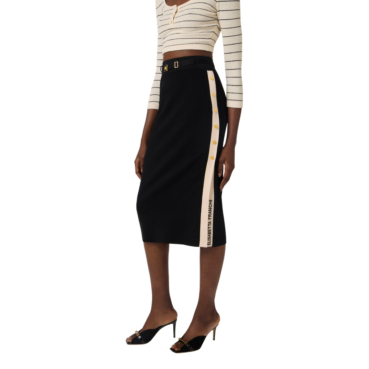 Gonna midi in maglia con bande jacquard - Nero