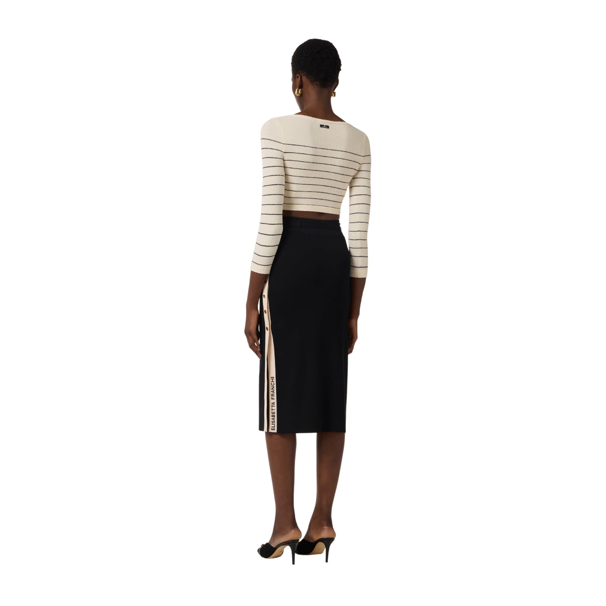 Gonna midi in maglia con bande jacquard - Nero