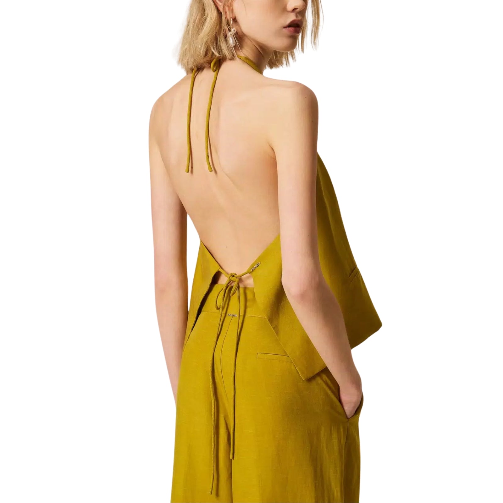 Gilet in misto lino con scollatura halter