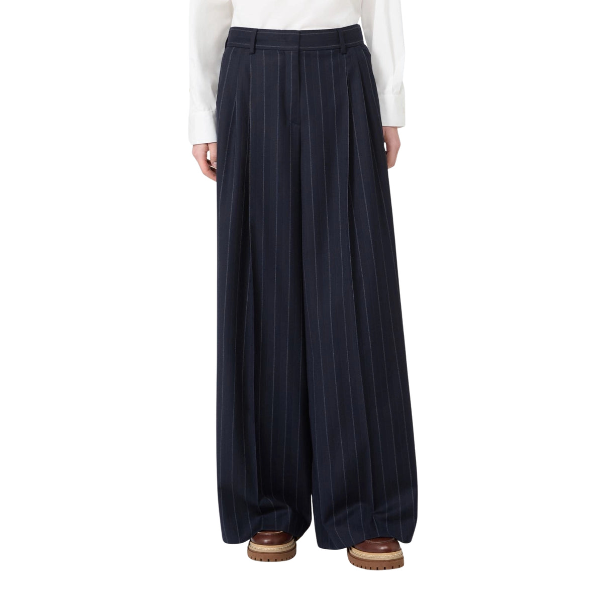Pantalone sartoriale in flanella gessata gamba ampia - Blu