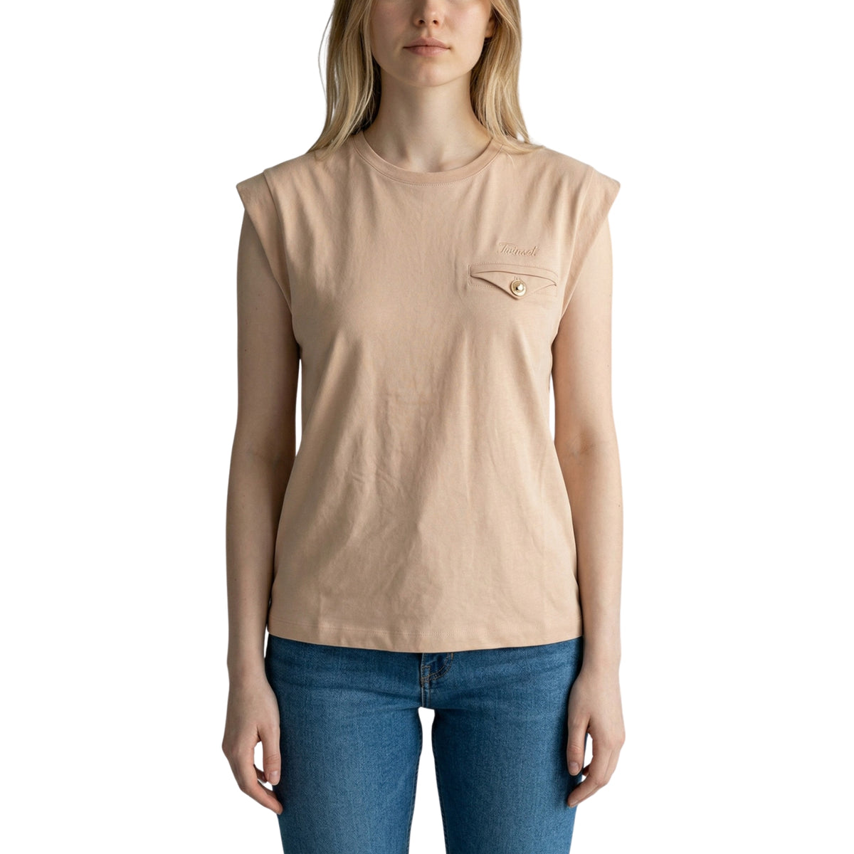 Top senza maniche con tasca e bottone dorato - Rosa