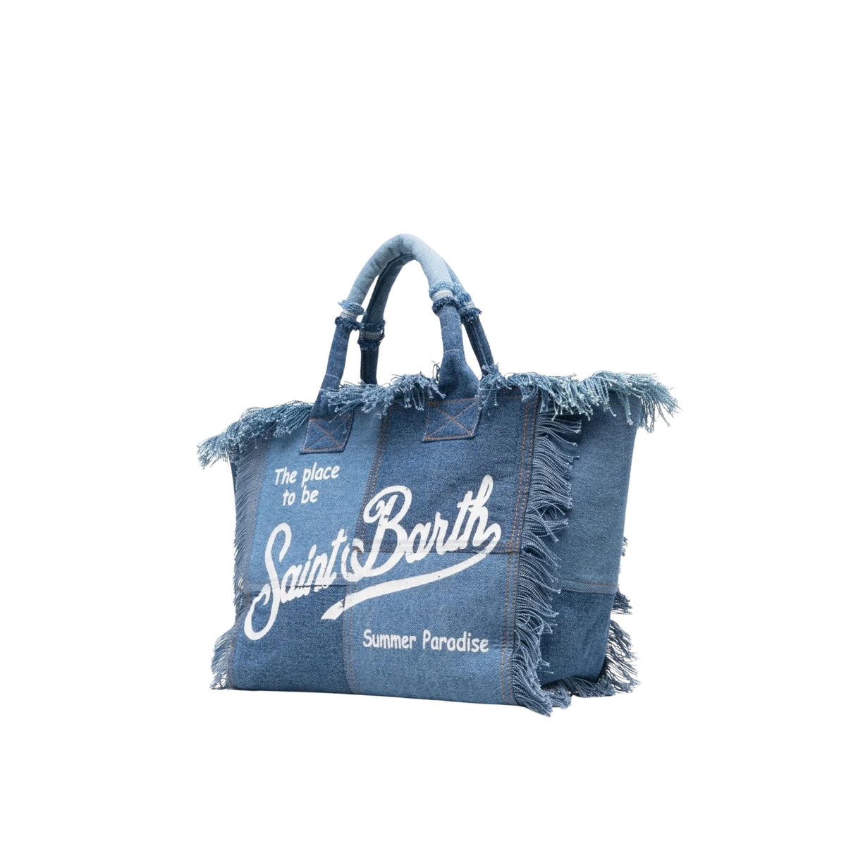 Borsa Vanity in tela di cotone con frange - Denim