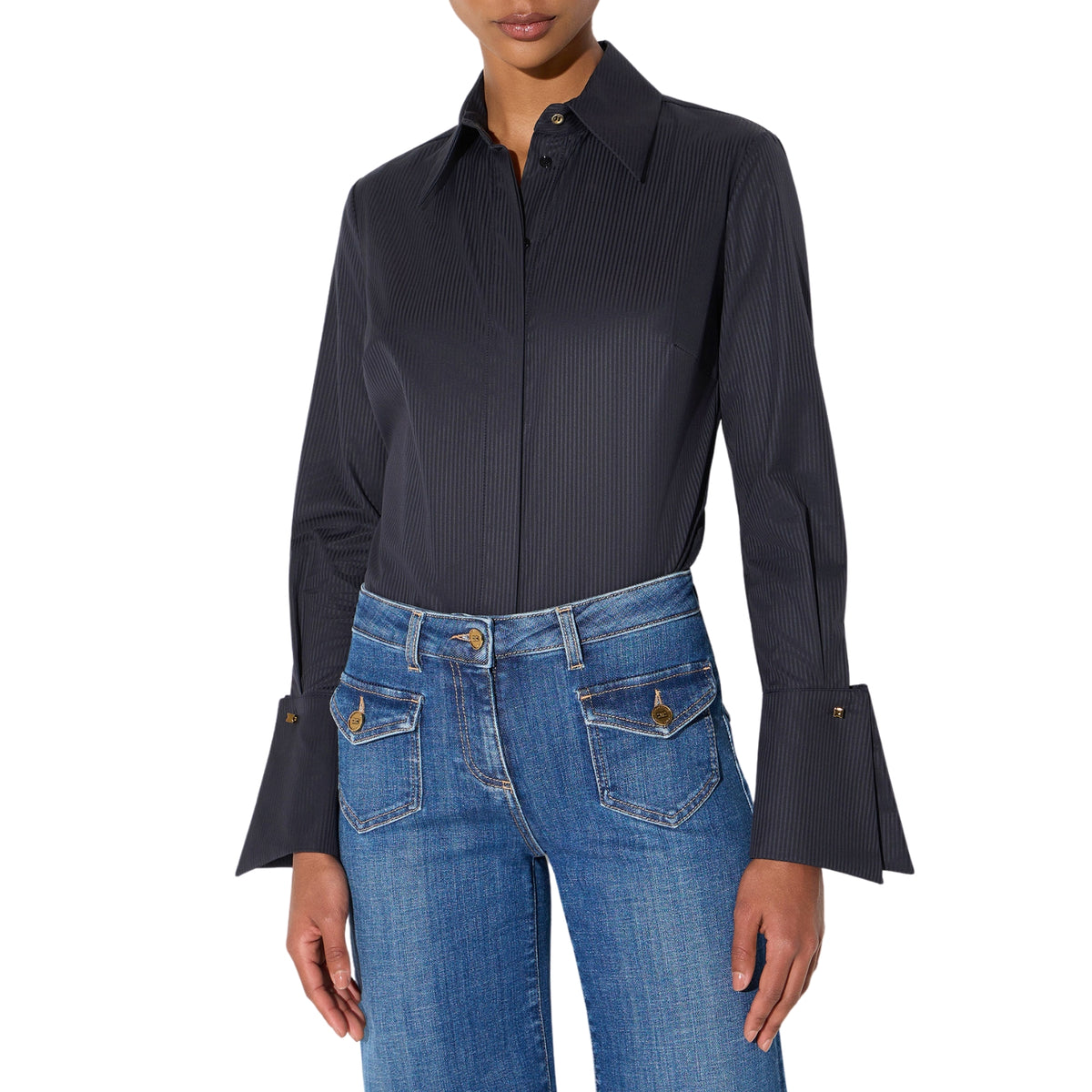 Camicia rigata con polsi a vela e gemelli - Nero