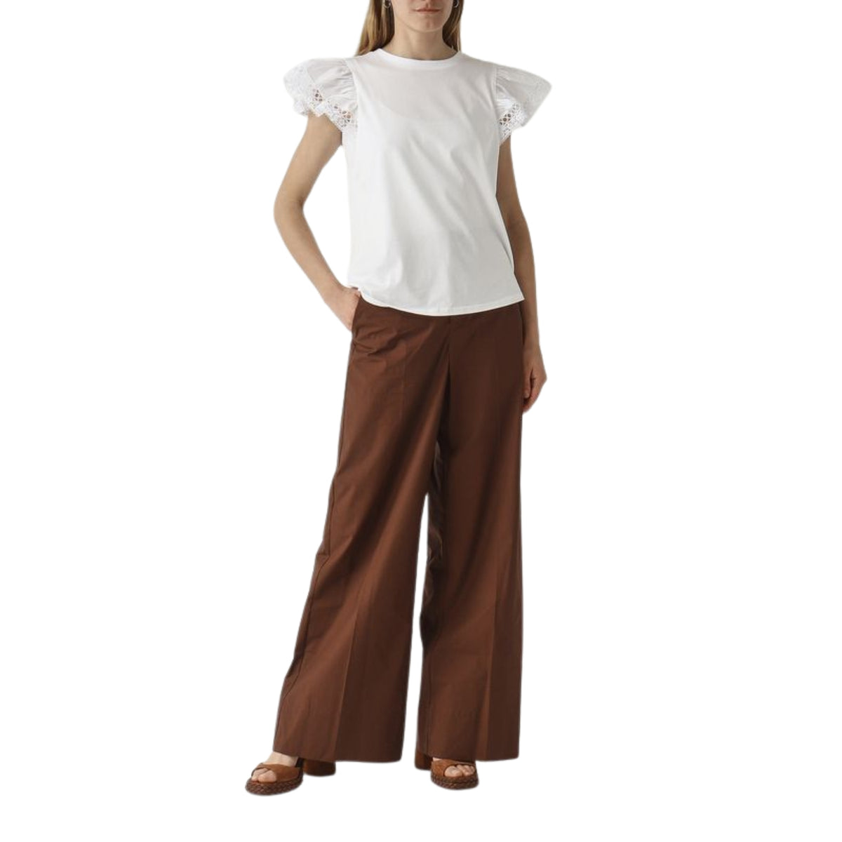 Pantalone a palazzo in cotone stretch - Caffè