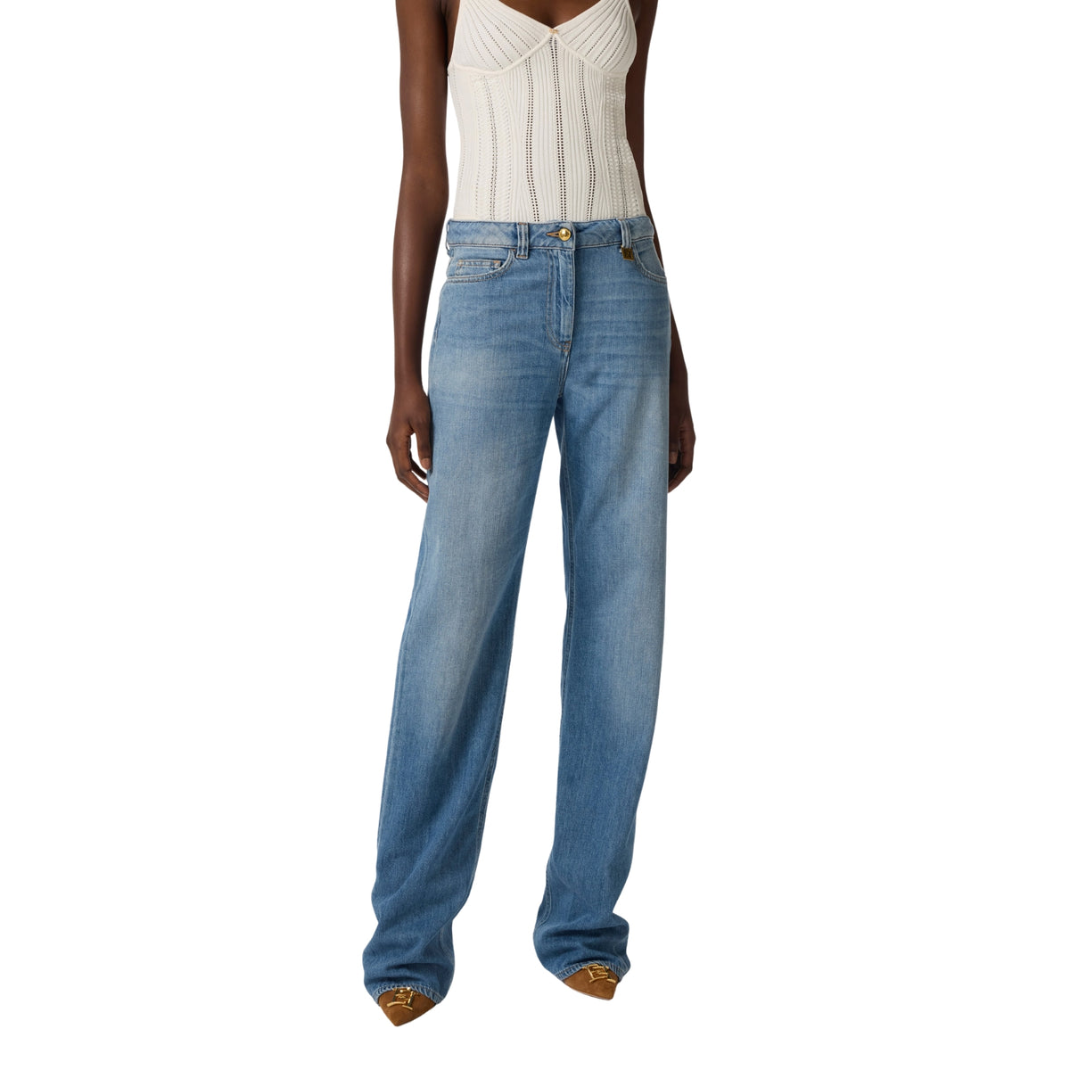 Jeans a palazzo vita bassa con placca logo - Blue