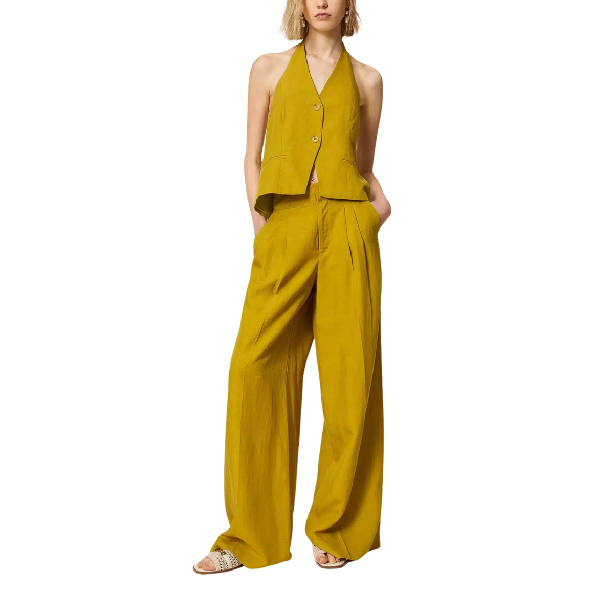 Pantalone in misto lino e lyocell con pieghe - Avocado