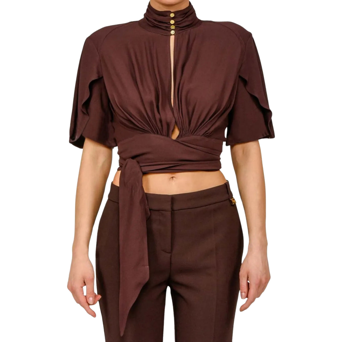Blusa con volant e fusciacca drappeggiata - Cacao