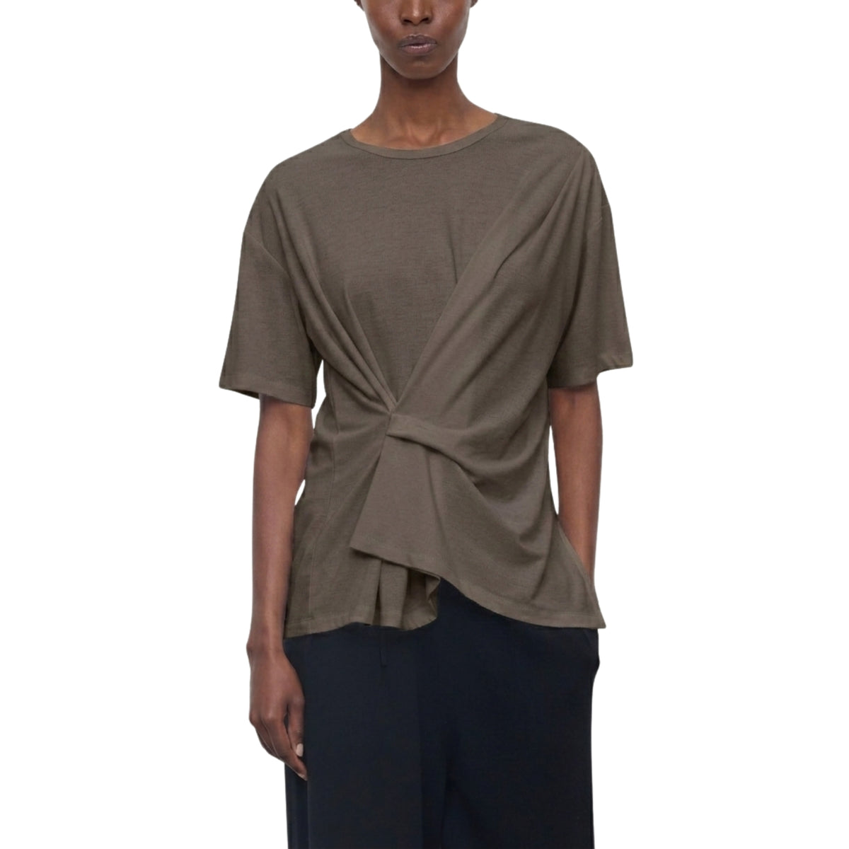 T-shirt con nodo drappeggiato sul fianco - Fango